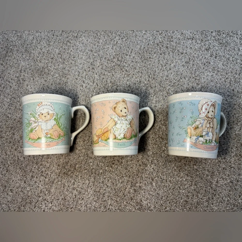 Vintage 1994 Priscilla Hillman Mugs ~ Teddy Bears ~ Love-Faith-Charity Set of 3